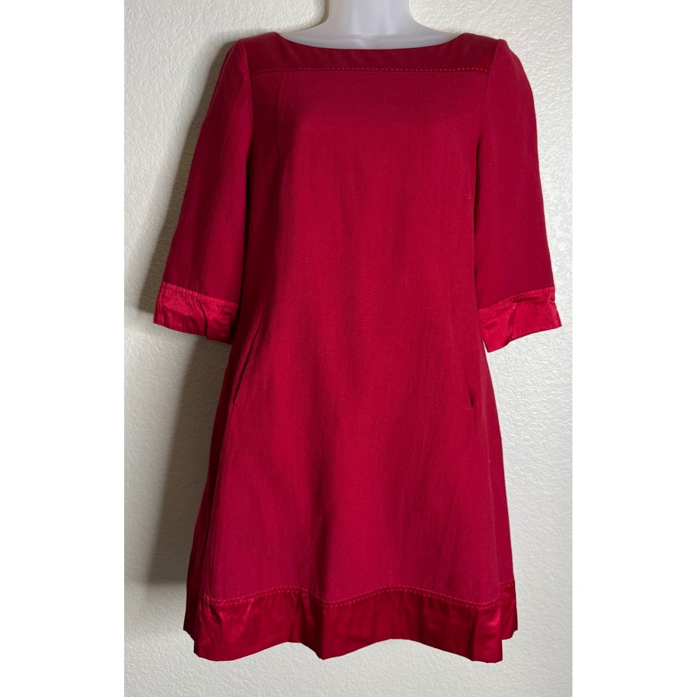 Hobbs London UK 8 US 4 Wool Silk Trim Shift Dress Red 3/4 Sleeve Pockets Career